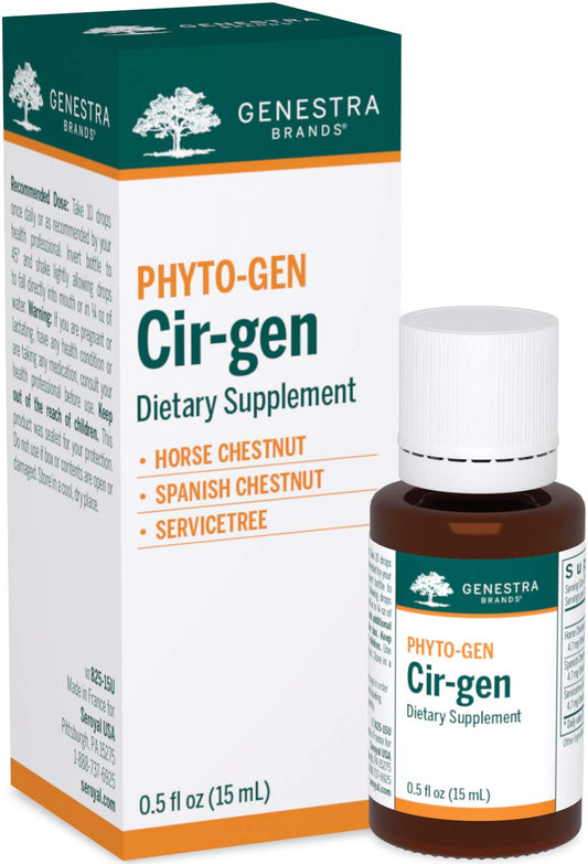 Genestra Brands Cir-gen bottle front highlights a herbal blend that may support venous comfort.