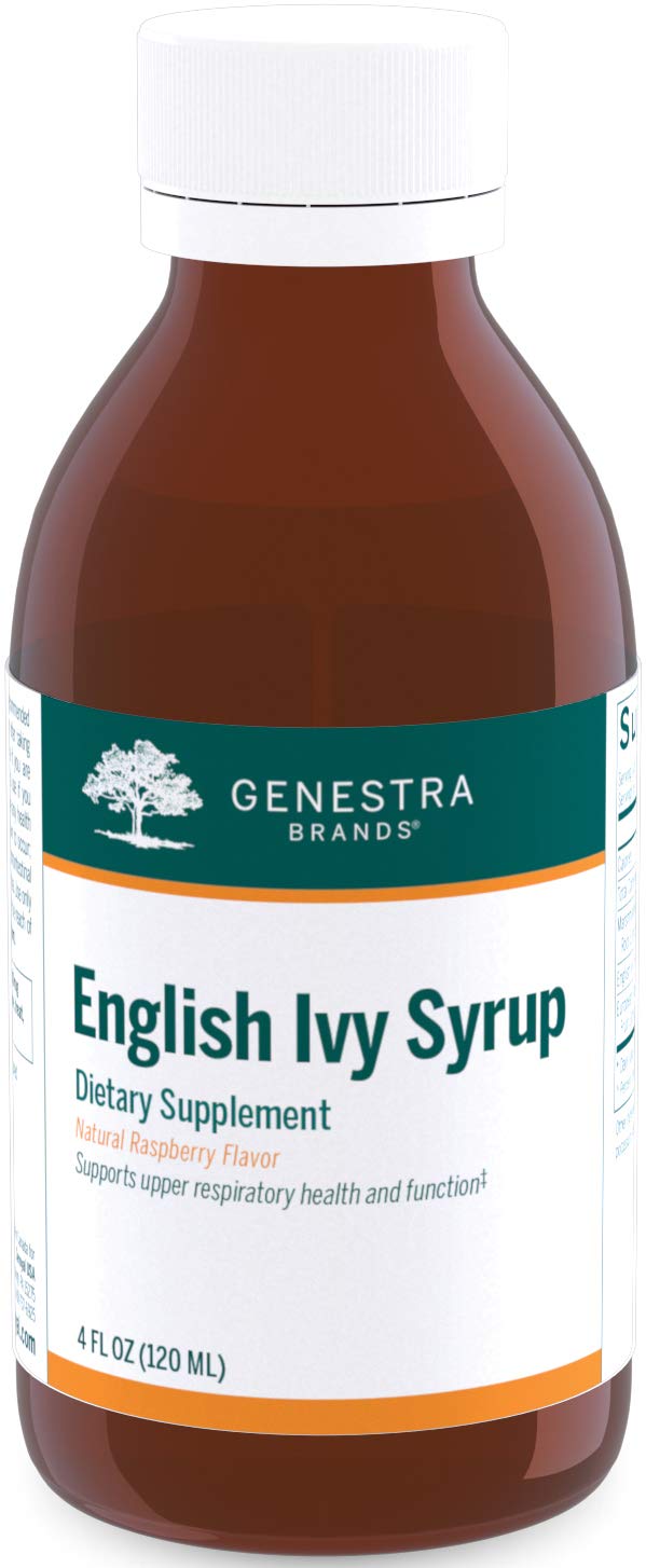 Genestra Brands English Ivy Syrup bottle pour supports upper respiratory comfort.