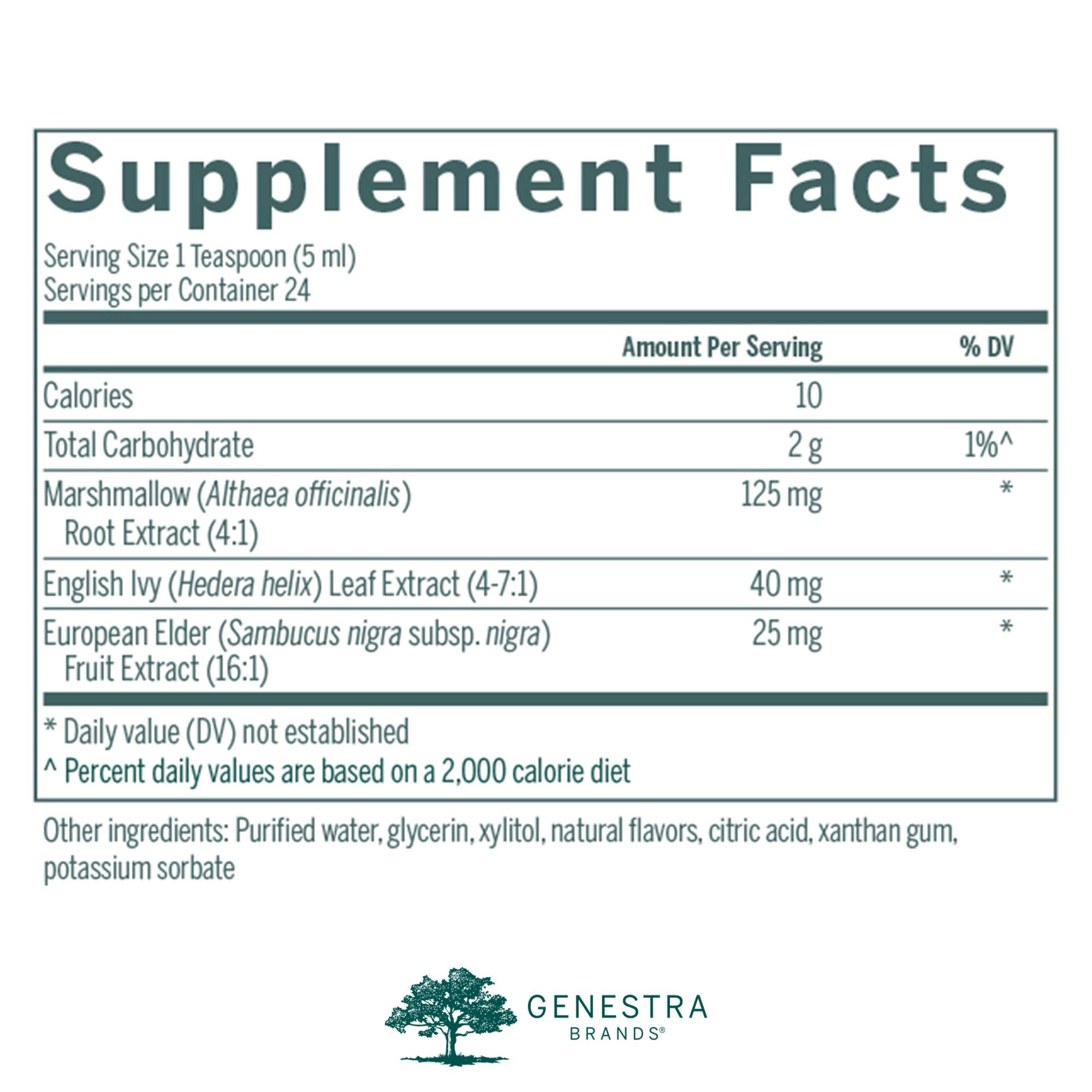 Genestra English Ivy Syrup label shows natural raspberry flavor for use.
