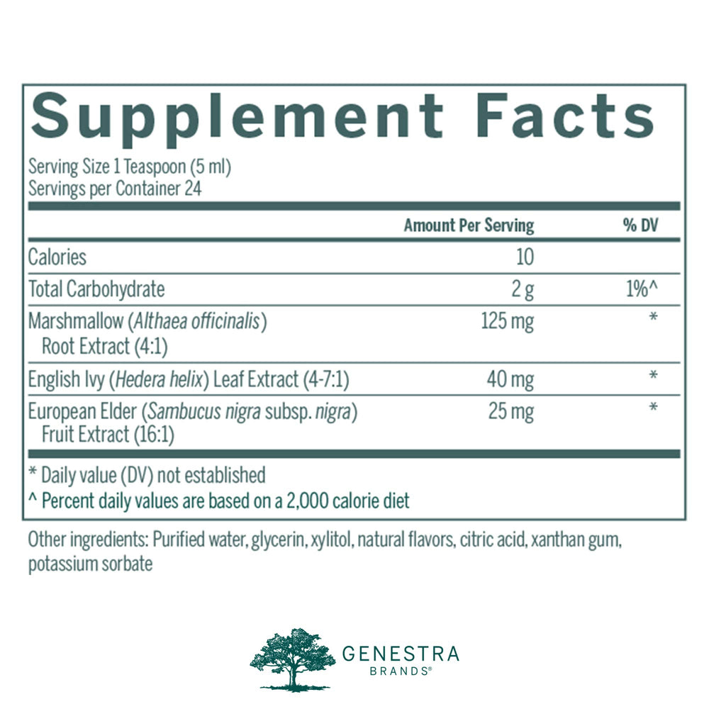 Genestra English Ivy Syrup label shows natural raspberry flavor for use.