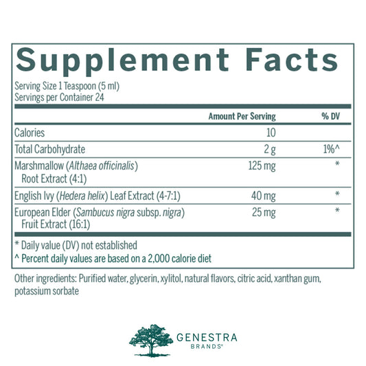 Genestra English Ivy Syrup label shows natural raspberry flavor for use.