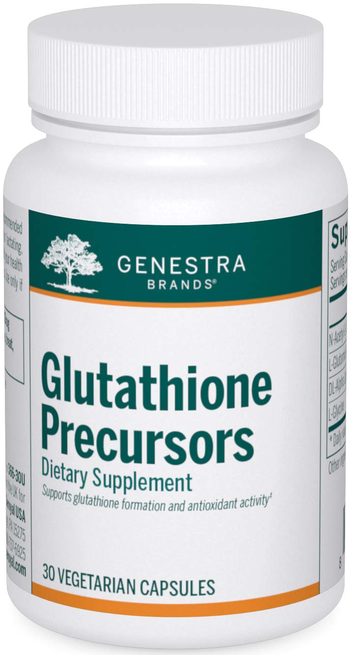 Genestra Brands Glutathione Precursors bottle and capsules for on-demand antioxidant support.