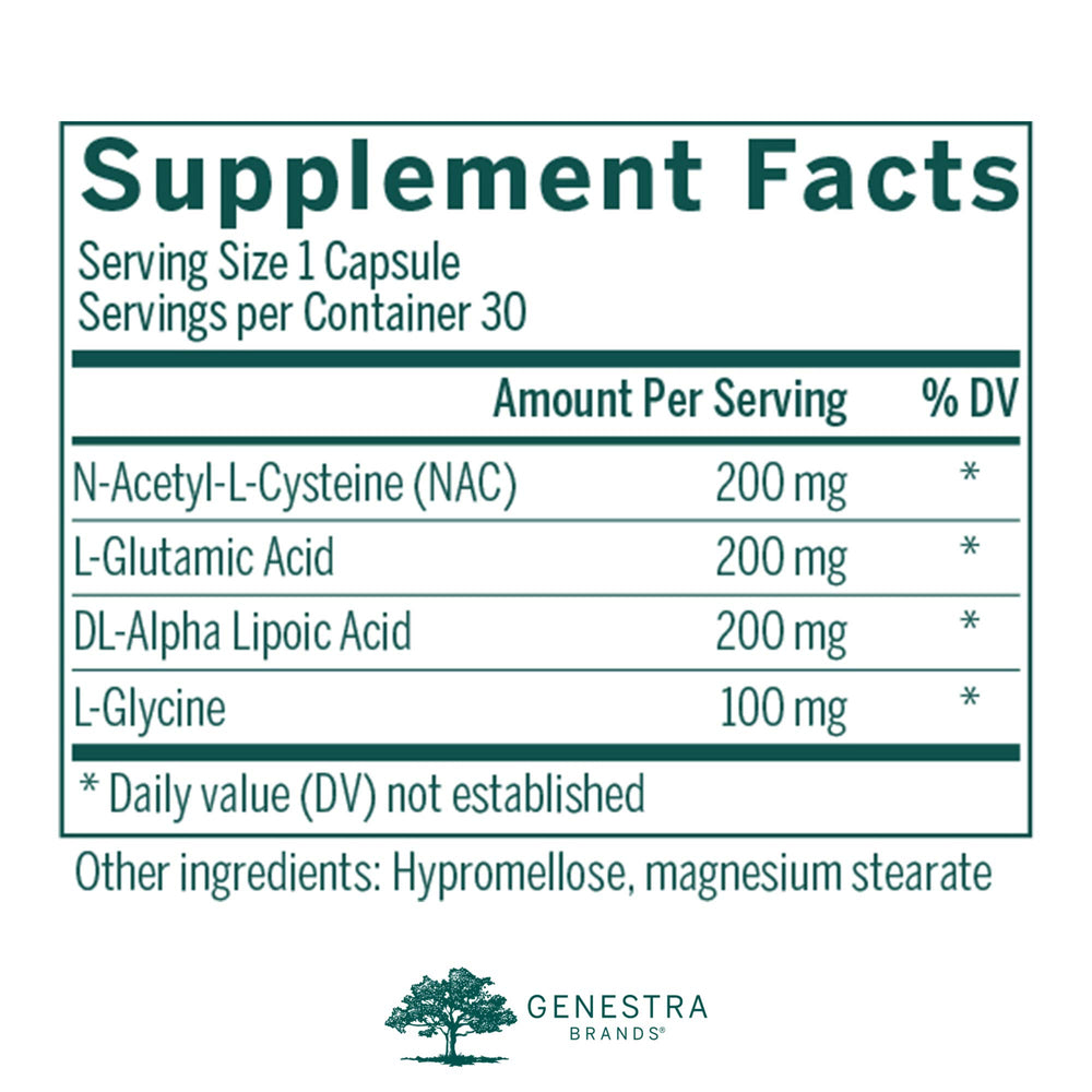 Genestra Glutathione Precursors capsules ready for convenient daily supplementation.