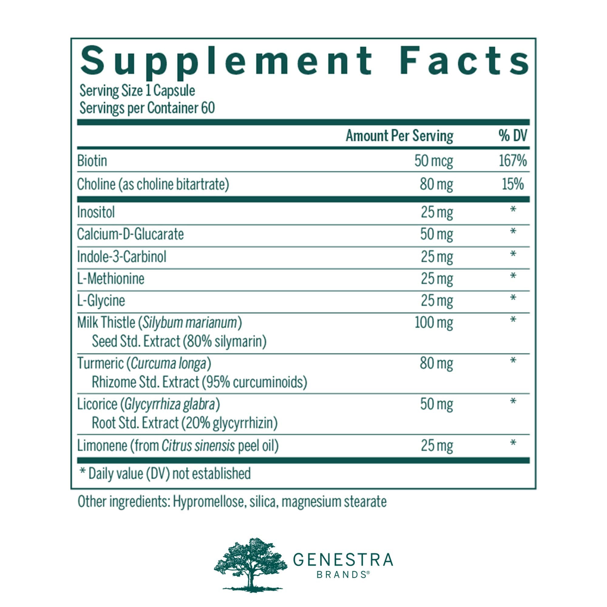 Genestra Brands Liver Support bottle label close-up highlighting the capsule formula for daily use.