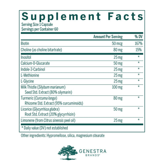 Genestra Brands Liver Support bottle label close-up highlighting the capsule formula for daily use.