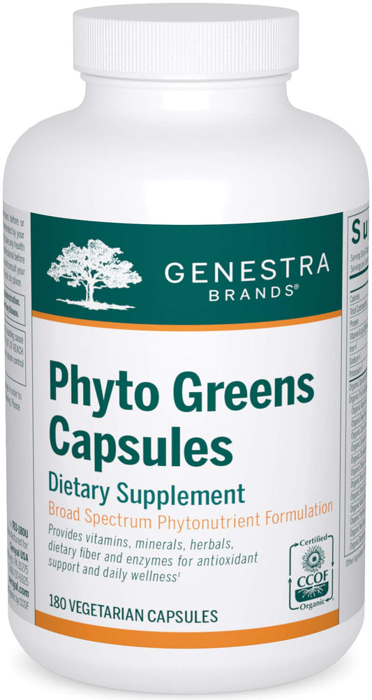 Genestra Phyto Greens Capsules bottle for convenient daily nutrition support.