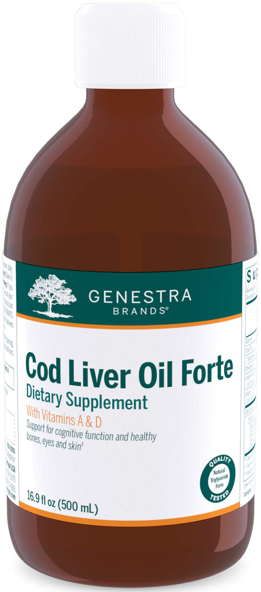 Genestra Cod Liver Oil Forte bottle supports essential fatty acids for overall wellness.