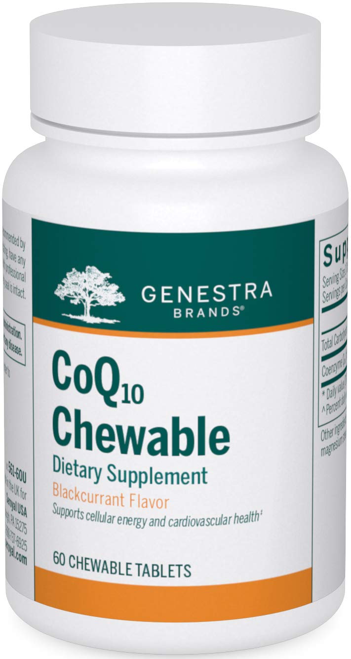 Genestra Brands CoQ10 Chewable bottle with natural blackcurrant flavor for daily cardiovascular support.
