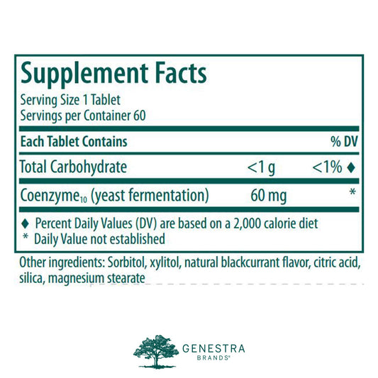 Genestra Brands CoQ10 Chewable tablets front view showing easy daily intake for vegans.