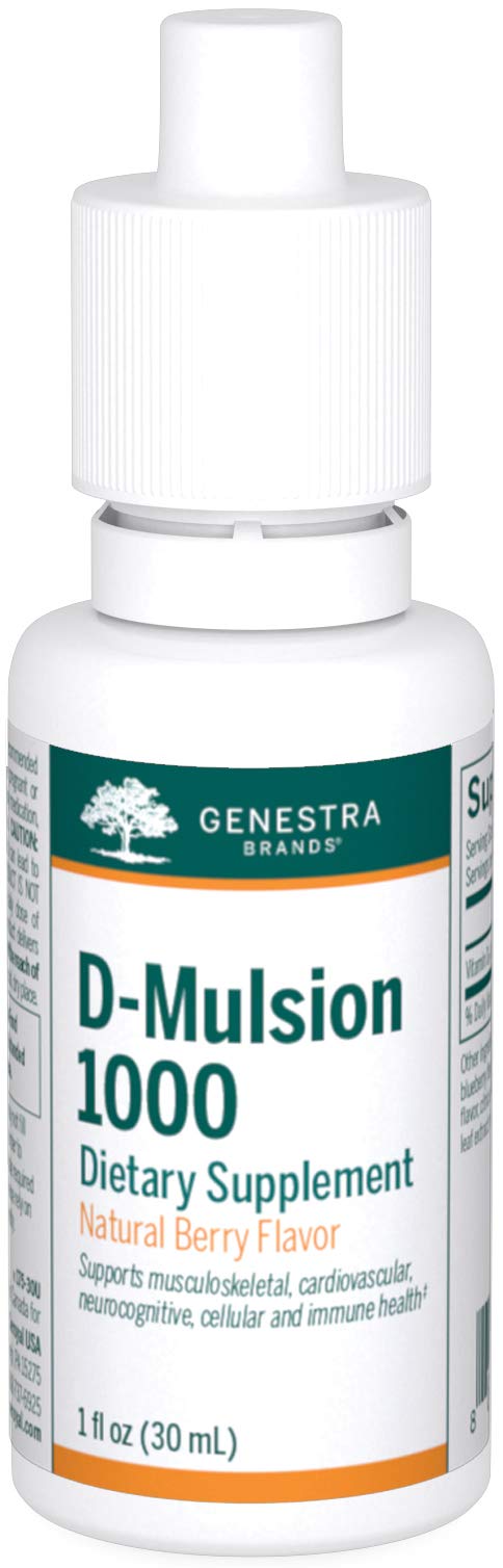 Genestra D-Mulsion 1000 bottle with liquid drops for daily immune support.