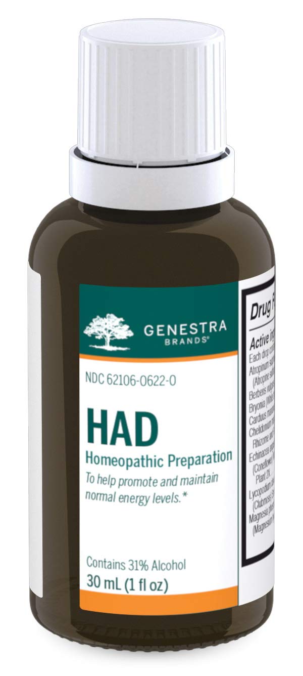 Genestra HAD bottle front shows a compact liquid supplement for energy support