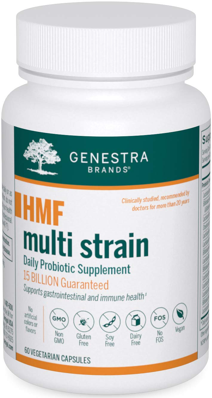 Genestra HMF Multi Strain bottle front label shows 60 capsules for GI health support.