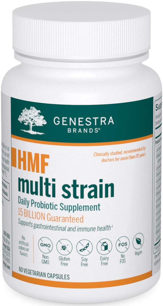 Genestra HMF Multi Strain bottle front label shows 60 capsules for GI health support.