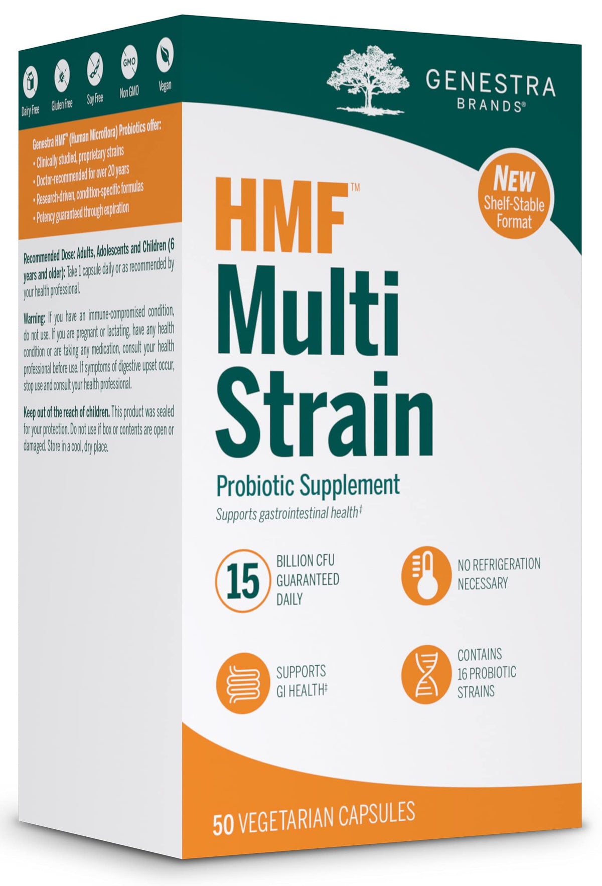 Genestra HMF Multi Strain bottle front view highlighting shelf-stable probiotic support