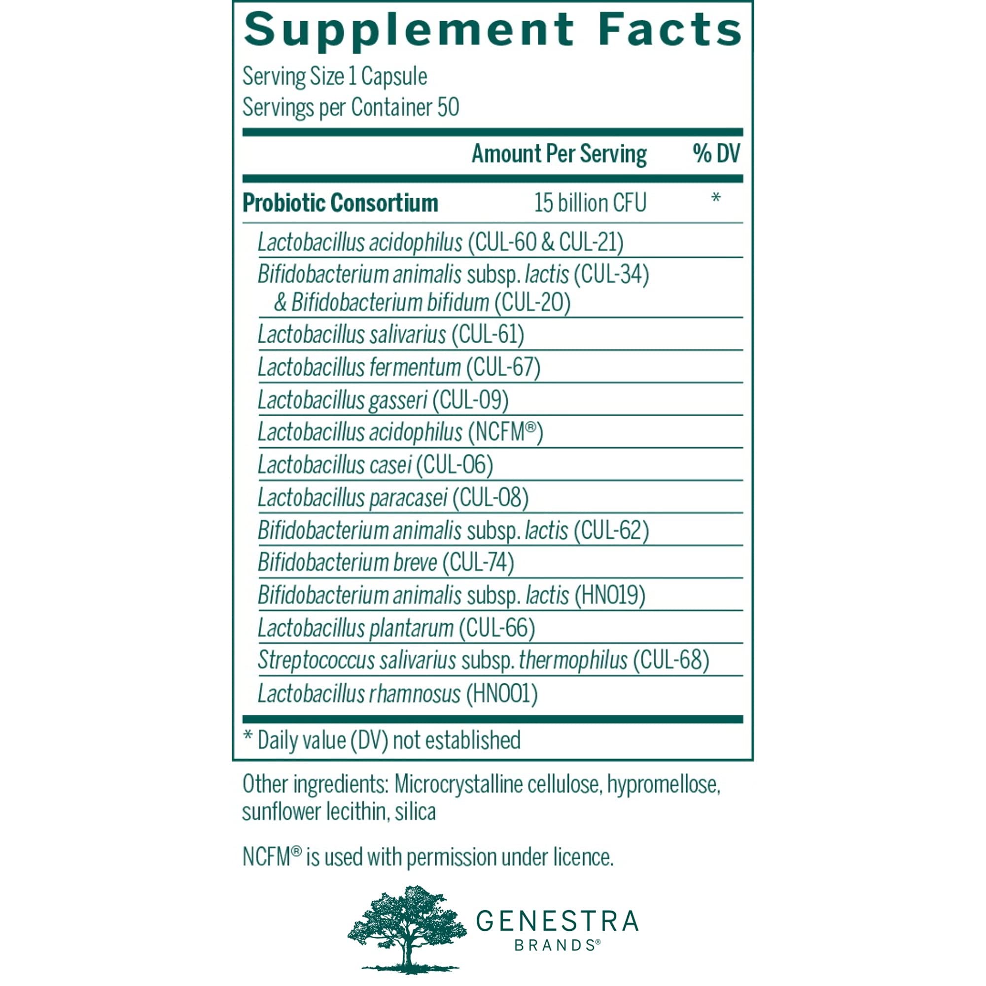 Genestra HMF Multi Strain capsules closeup shows 16 probiotic strains for gut health