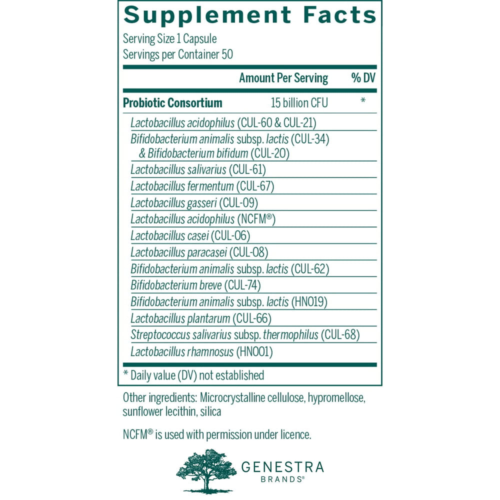 Genestra HMF Multi Strain capsules closeup shows 16 probiotic strains for gut health
