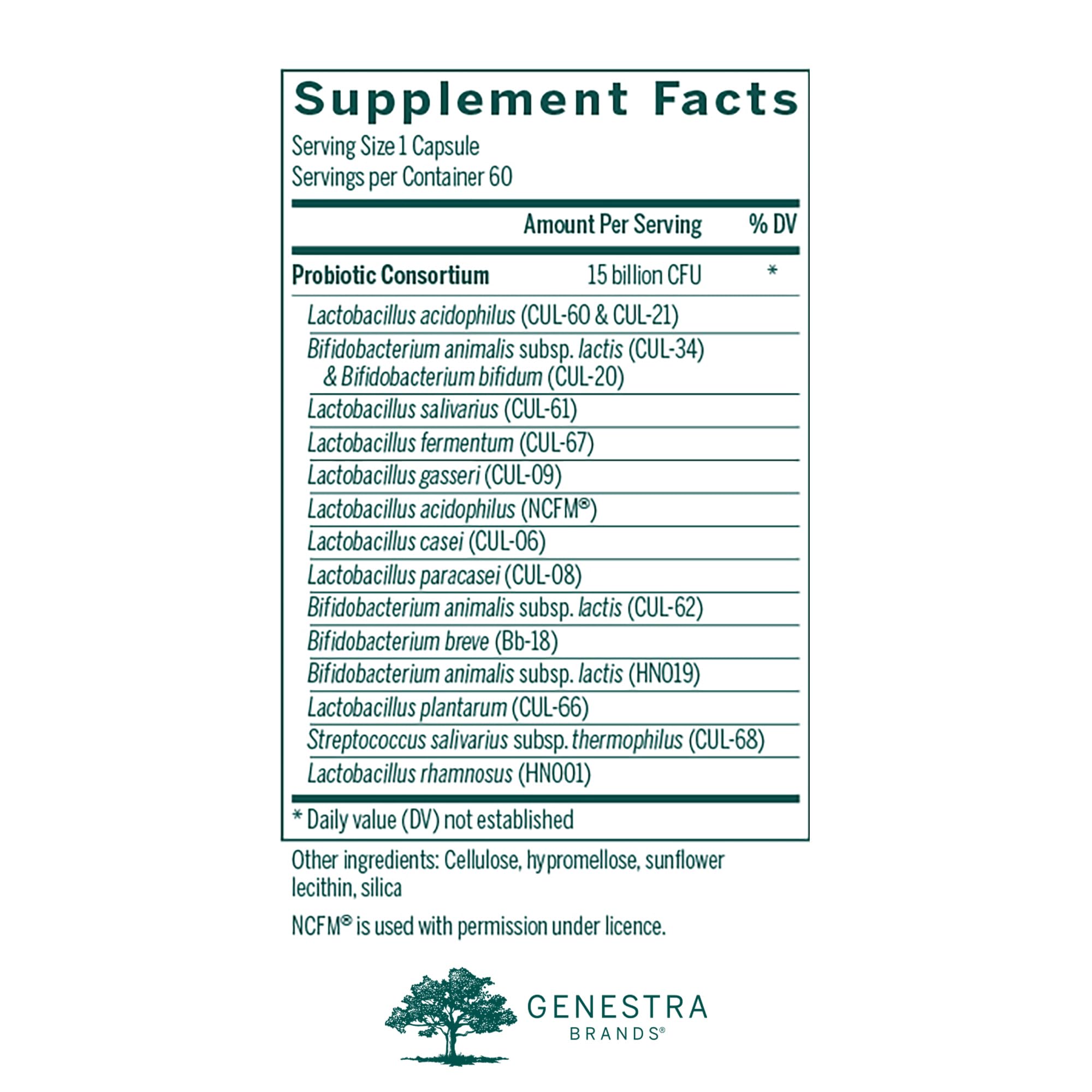 Genestra HMF Multi Strain capsules poured from bottle for daily gut routine.