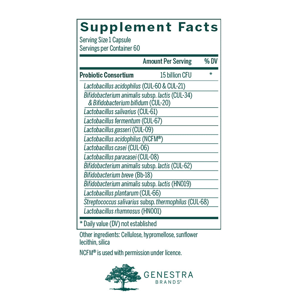 Genestra HMF Multi Strain capsules poured from bottle for daily gut routine.