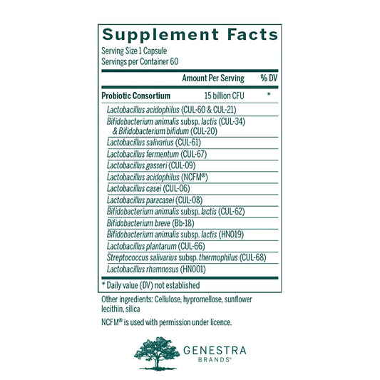 Genestra HMF Multi Strain capsules poured from bottle for daily gut routine.