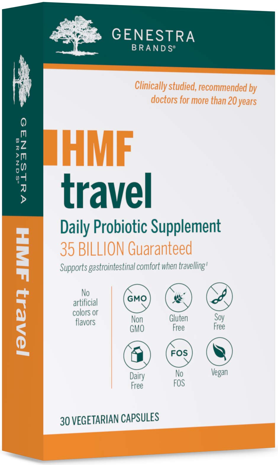 Genestra HMF Travel bottle front view highlighting travel-friendly shelf-stable probiotics.