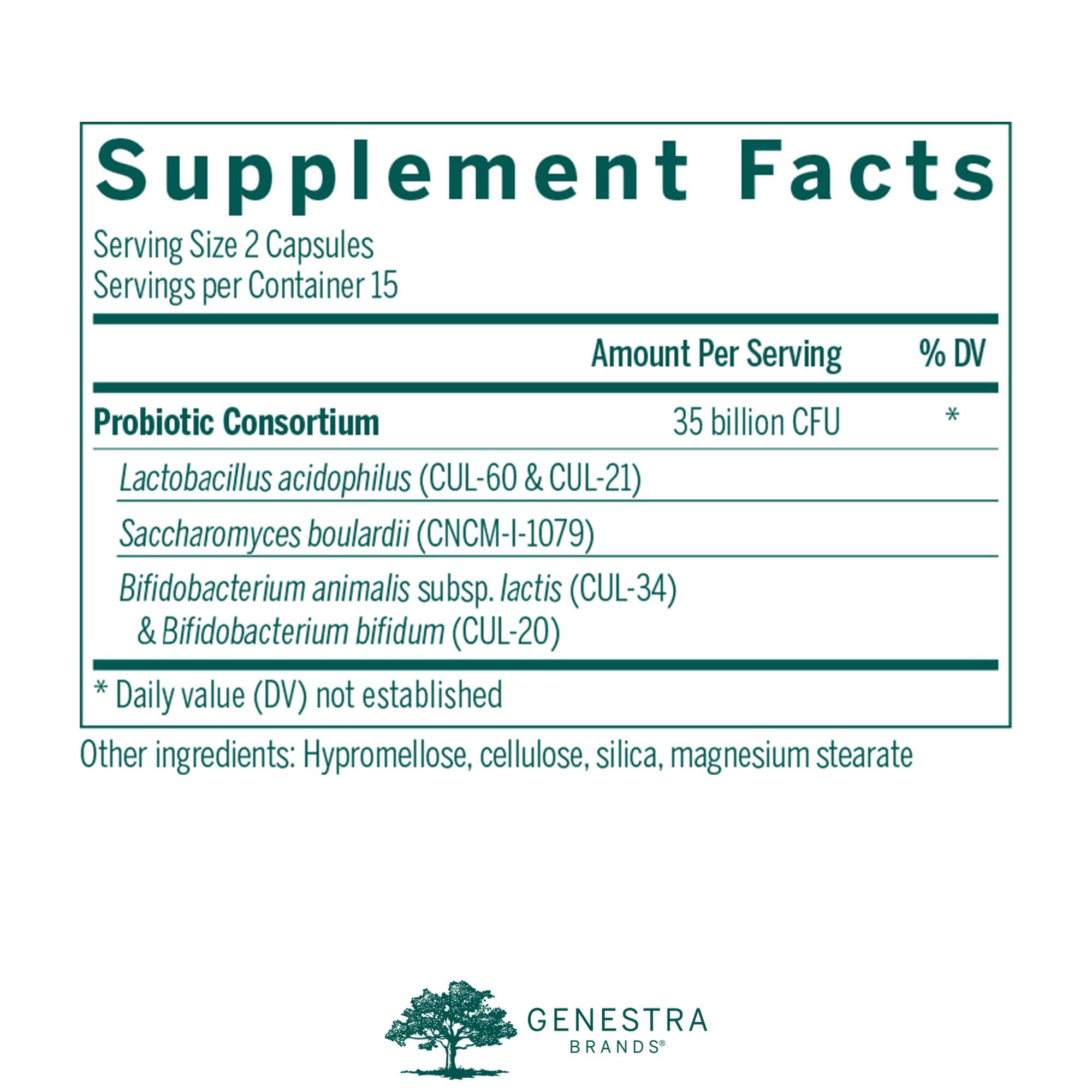 Genestra HMF Travel packaging showing shelf-stable formula for on-the-go use.