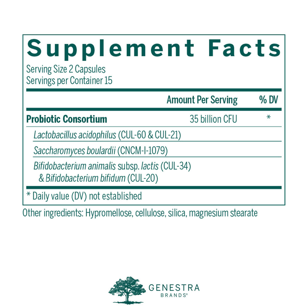Genestra HMF Travel packaging showing shelf-stable formula for on-the-go use.