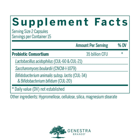 Genestra HMF Travel packaging showing shelf-stable formula for on-the-go use.
