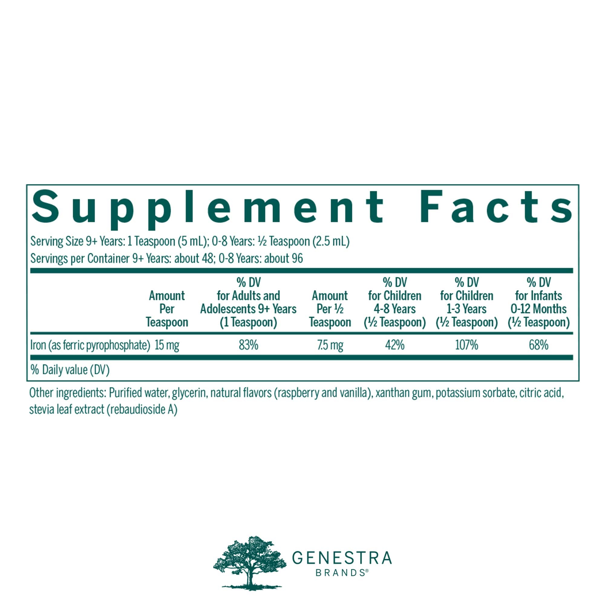 Genestra Liquid Iron bottle back lists directions and quality details for confident daily use.
