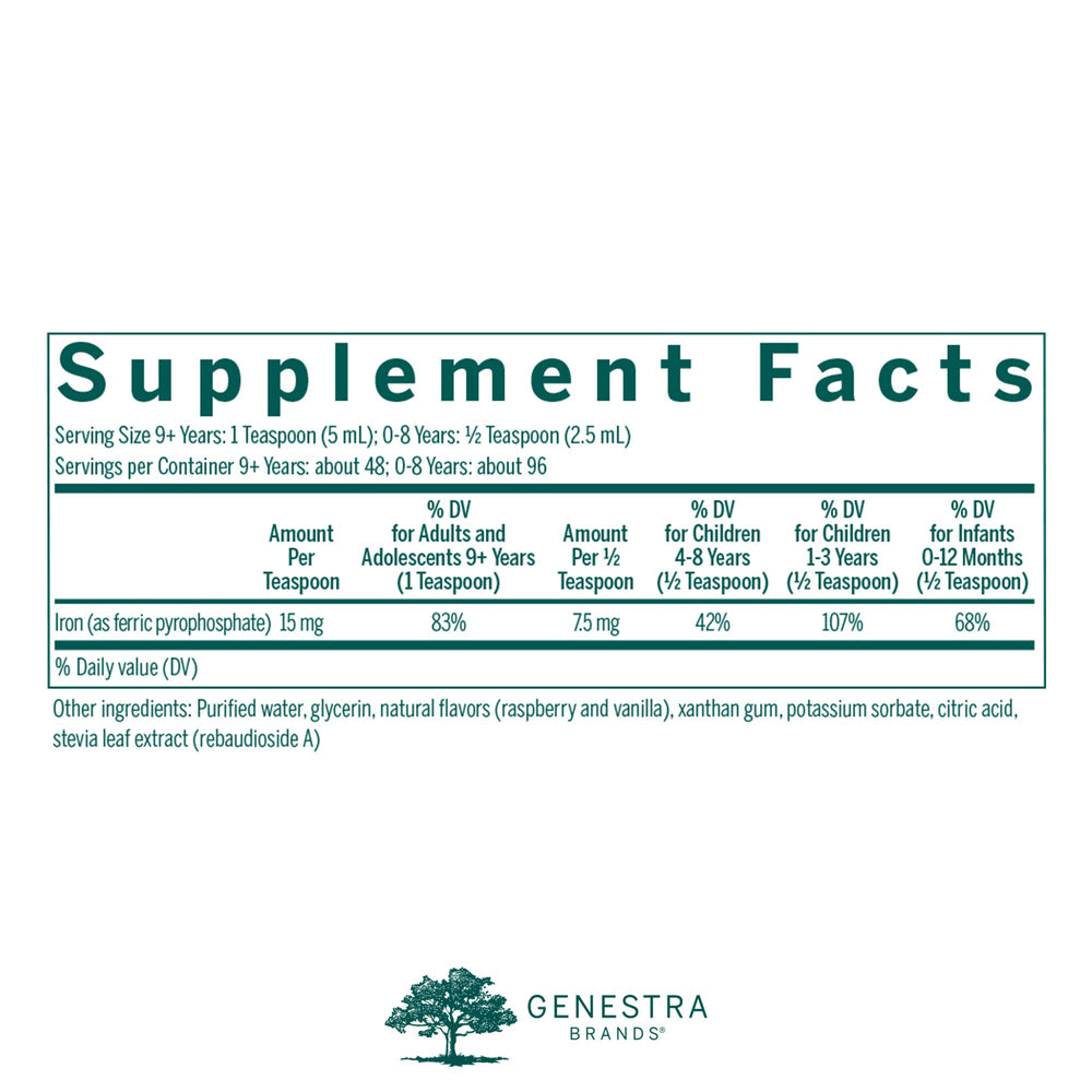 Genestra Liquid Iron bottle back lists directions and quality details for confident daily use.