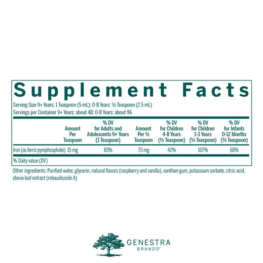 Genestra Liquid Iron bottle back lists directions and quality details for confident daily use.