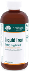 Genestra Liquid Iron bottle front reveals natural raspberry flavor, a user-friendly iron supplement.