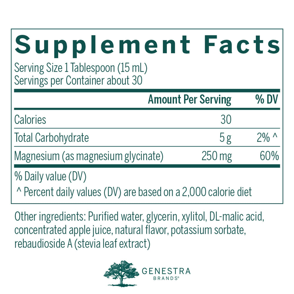 Genestra Magnesium Glycinate Liquid label conveys trust for professional-grade wellness routines.
