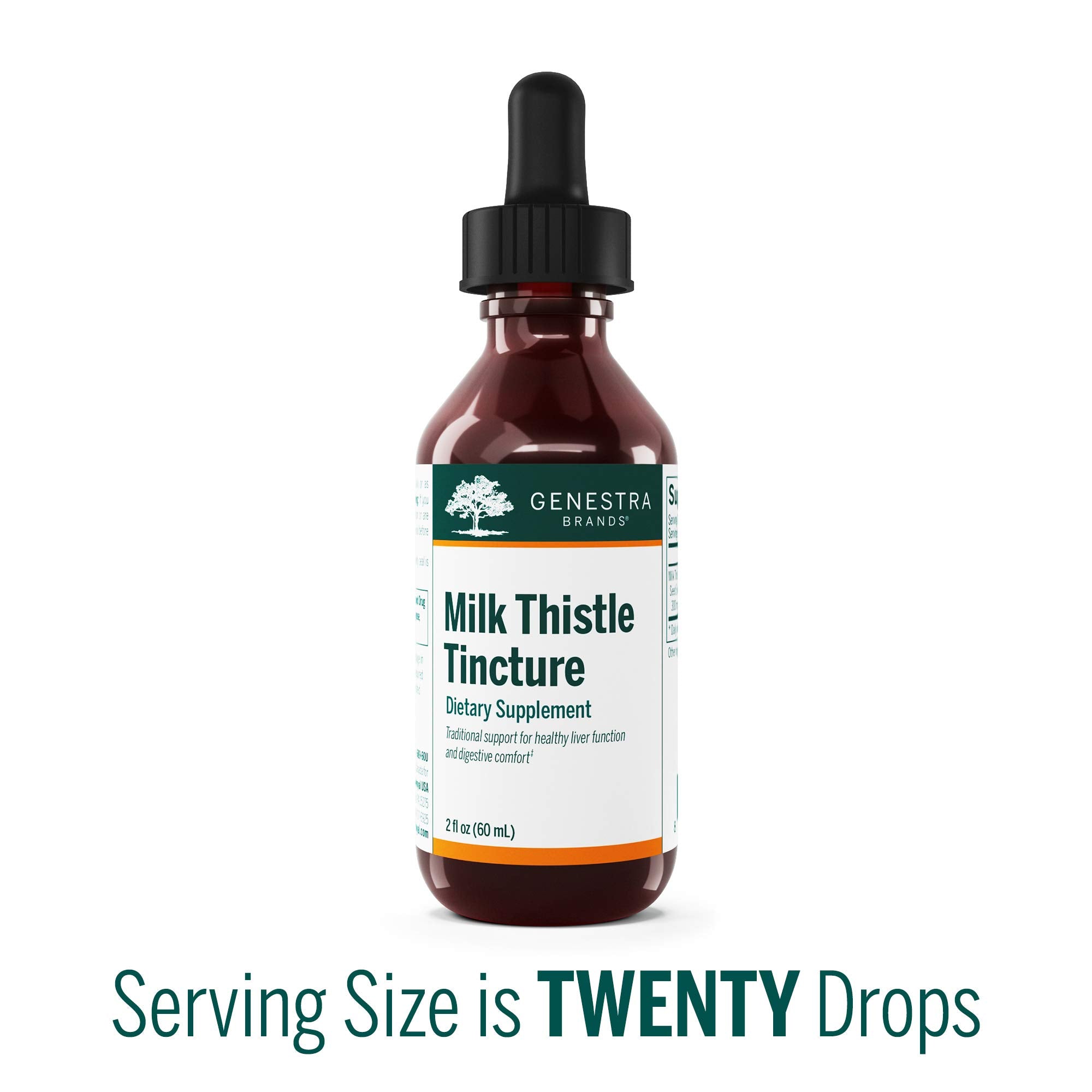 Genestra Milk Thistle Tincture label close-up highlights vegan-friendly, high-potency extract.