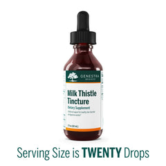 Genestra Milk Thistle Tincture label close-up highlights vegan-friendly, high-potency extract.