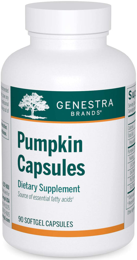 Genestra Pumpkin Capsules bottle display with easy-to-swallow softgels for daily support.