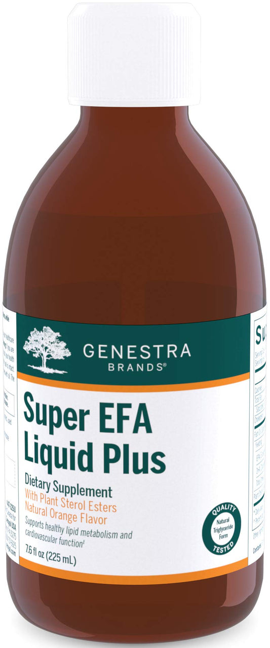 Genestra Super EFA Liquid Plus bottle front showing daily omega-3 and plant sterol support.