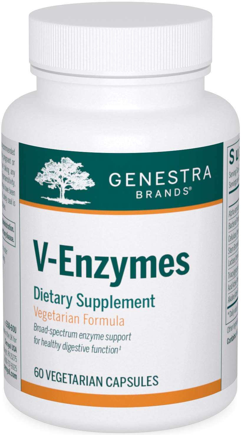 Genestra V-Enzymes bottle front showing vegan digestive support for meals.
