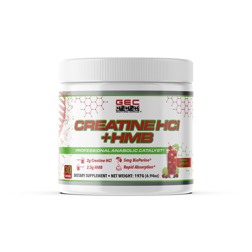 Genetic Edge Creatine HCl + HMB bottle displays clean, high-performance formula for workouts