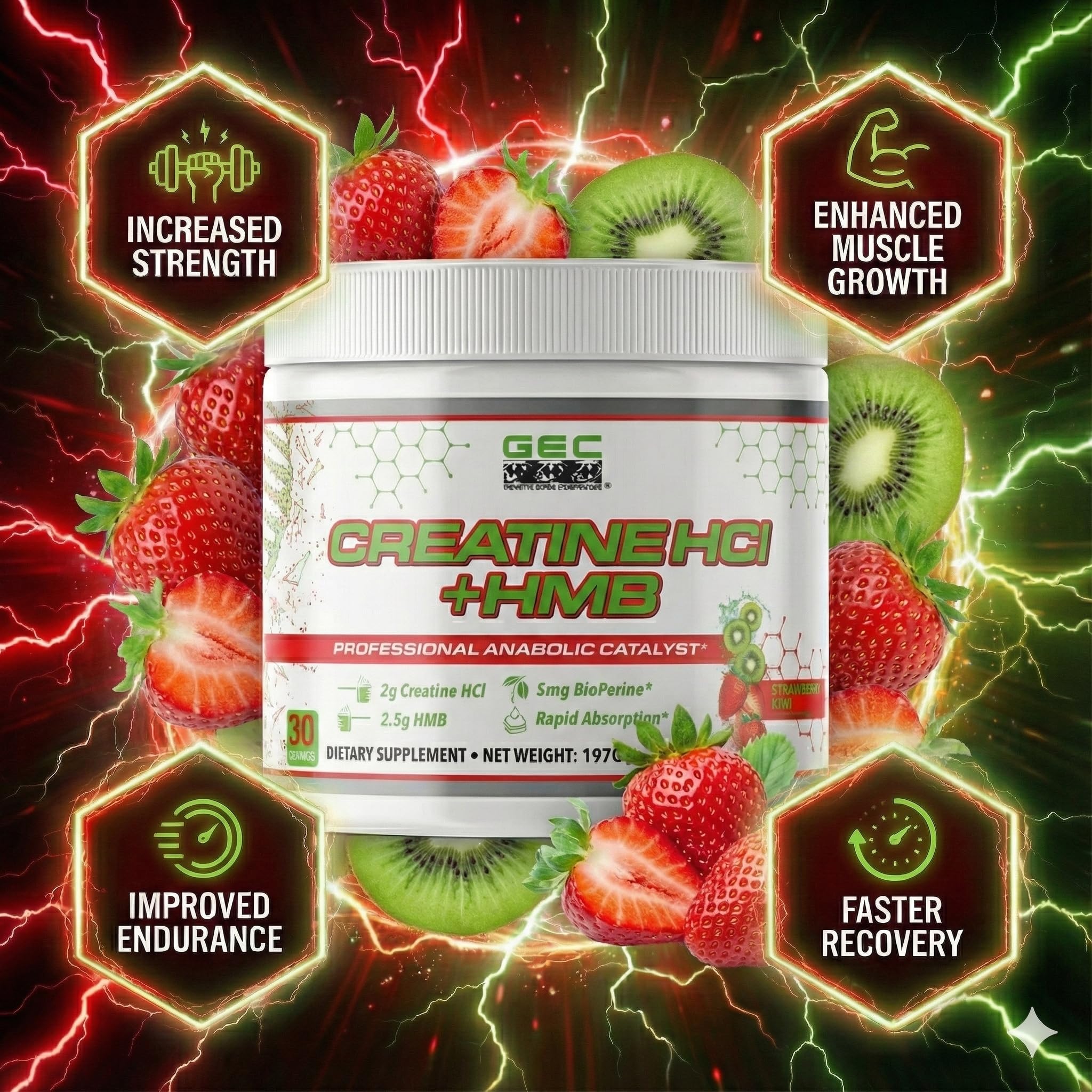 Genetic Edge Creatine HCl and HMB scoop in Blue Lemonade supports fast absorption.