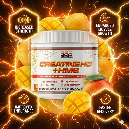 Genetic Edge Compounds Creatine HCl HMB scoop on gym bench for lean gains.