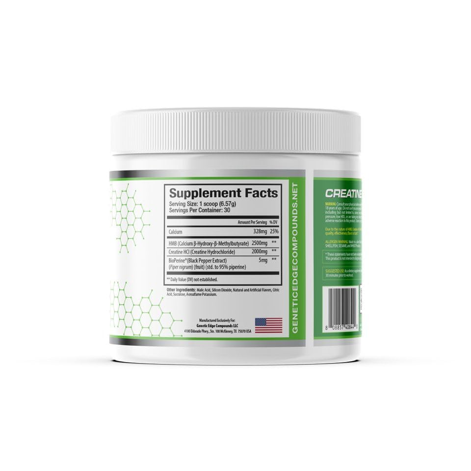 Genetic Edge Compounds Creatine HCl + HMB scoop shown for pre-workout fueling.