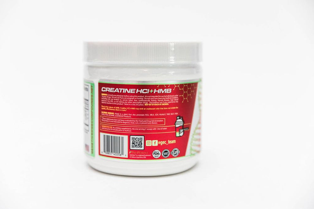 Genetic Edge Creatine HCl + HMB tub label highlights cherry limeade flavor and clean ingredients