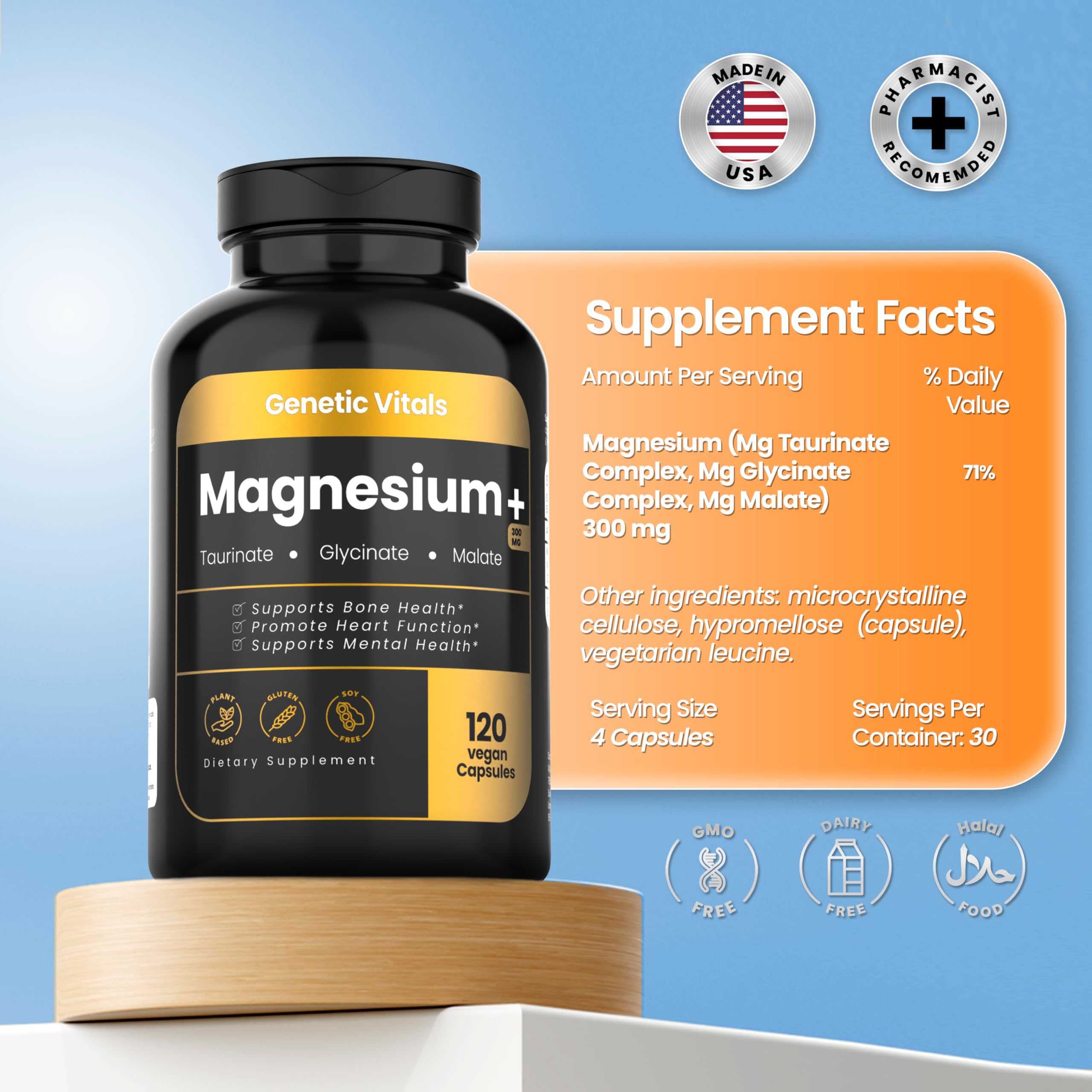 Genetic Vitals Triple Magnesium capsules close up showing high absorption formula.