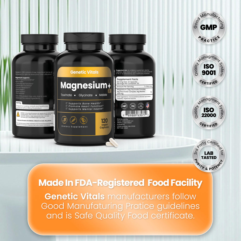 Genetic Vitals Triple Magnesium made in USA signals quality and care.