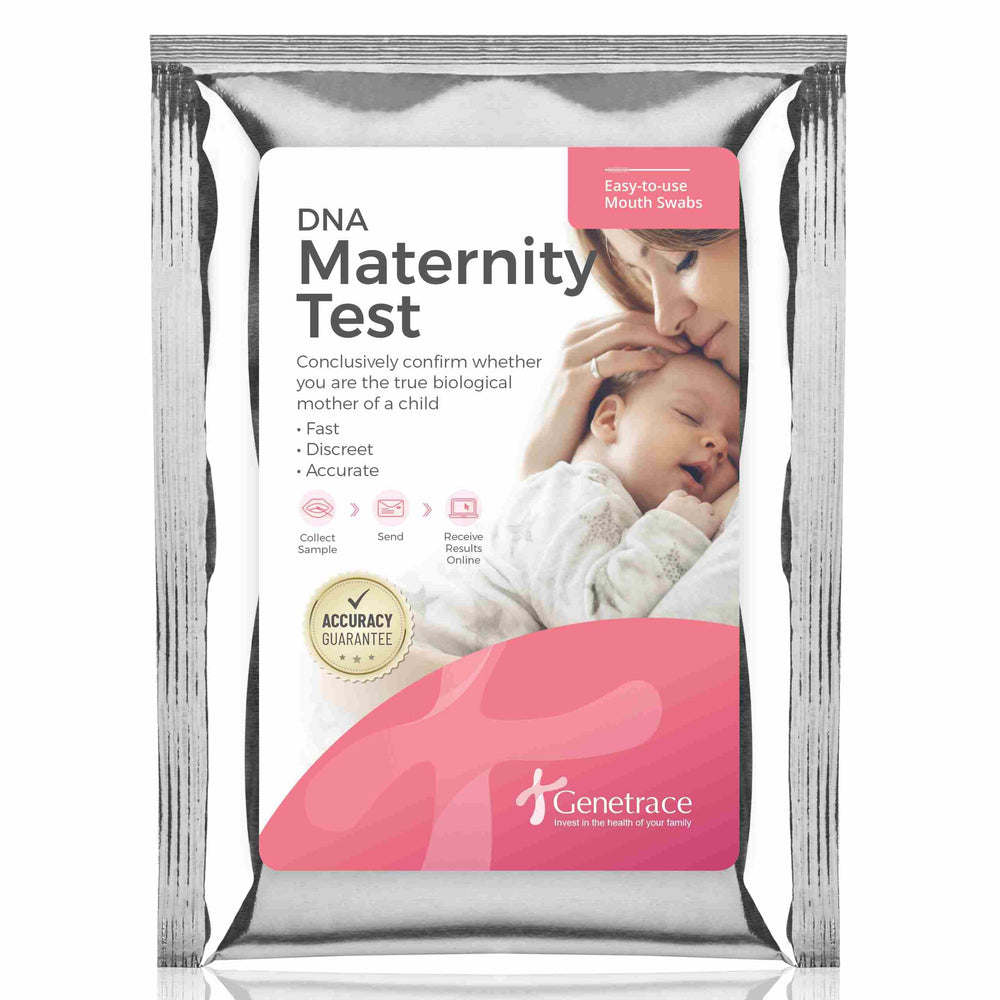 Genetrace DNA maternity kit packaging shows secure, convenient home testing.