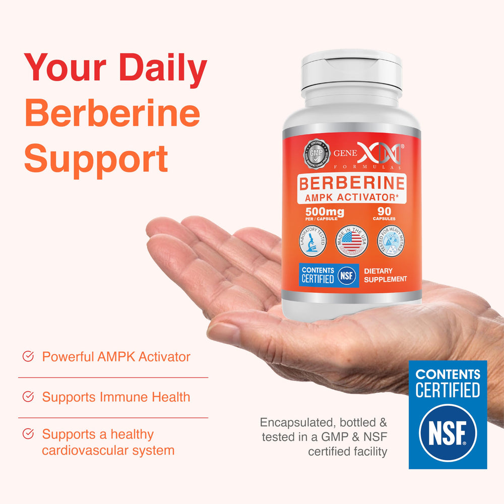 Genex Berberine HCl 500mg bottle includes 90 capsules for a 3-month plan.