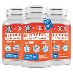 Genex Berberine HCl 500mg capsules closeup highlighting vegetarian formula and clean label.