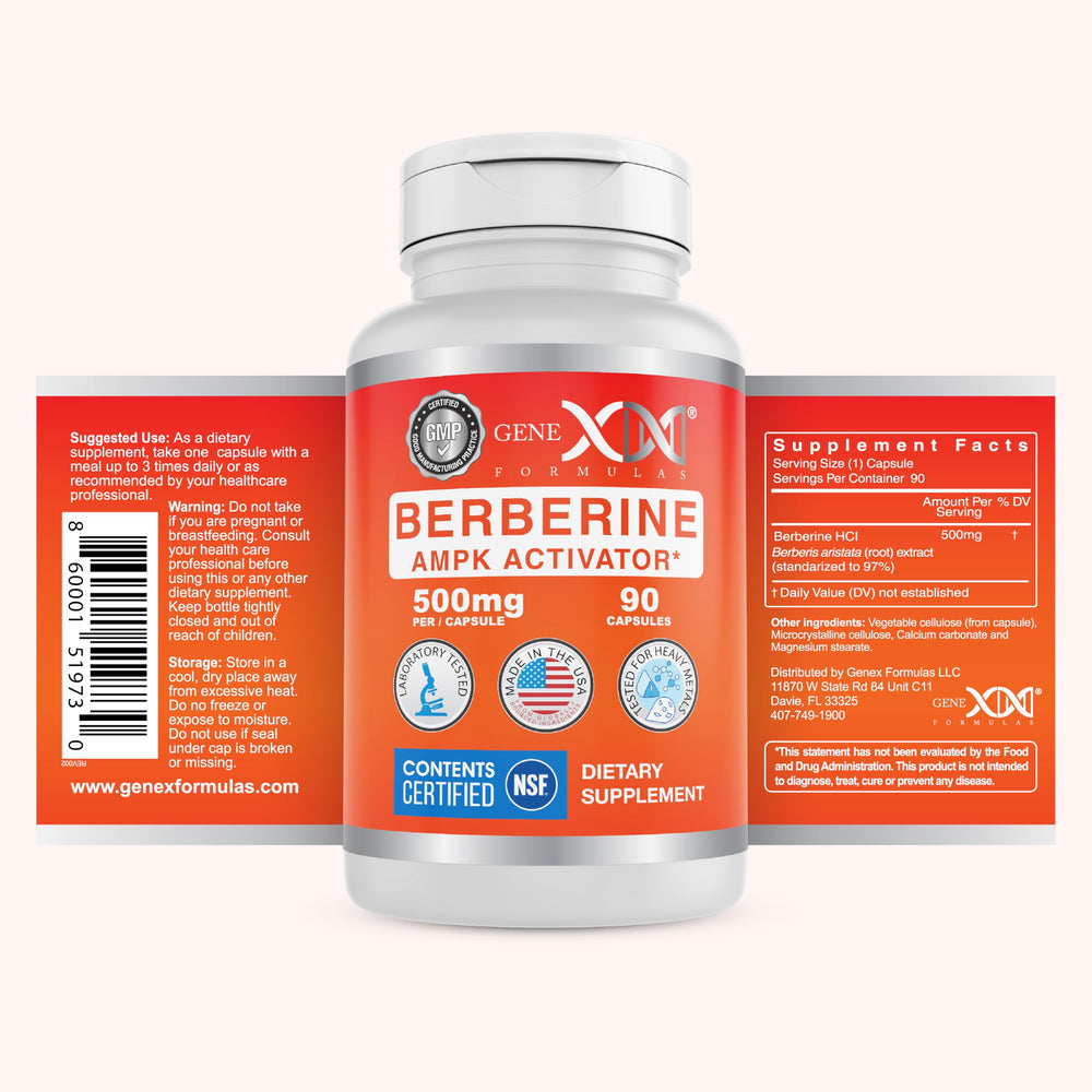 Genex Berberine HCl 500mg label displays gluten-free and non-GMO icons.
