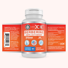 Genex Berberine HCl 500mg label displays gluten-free and non-GMO icons.