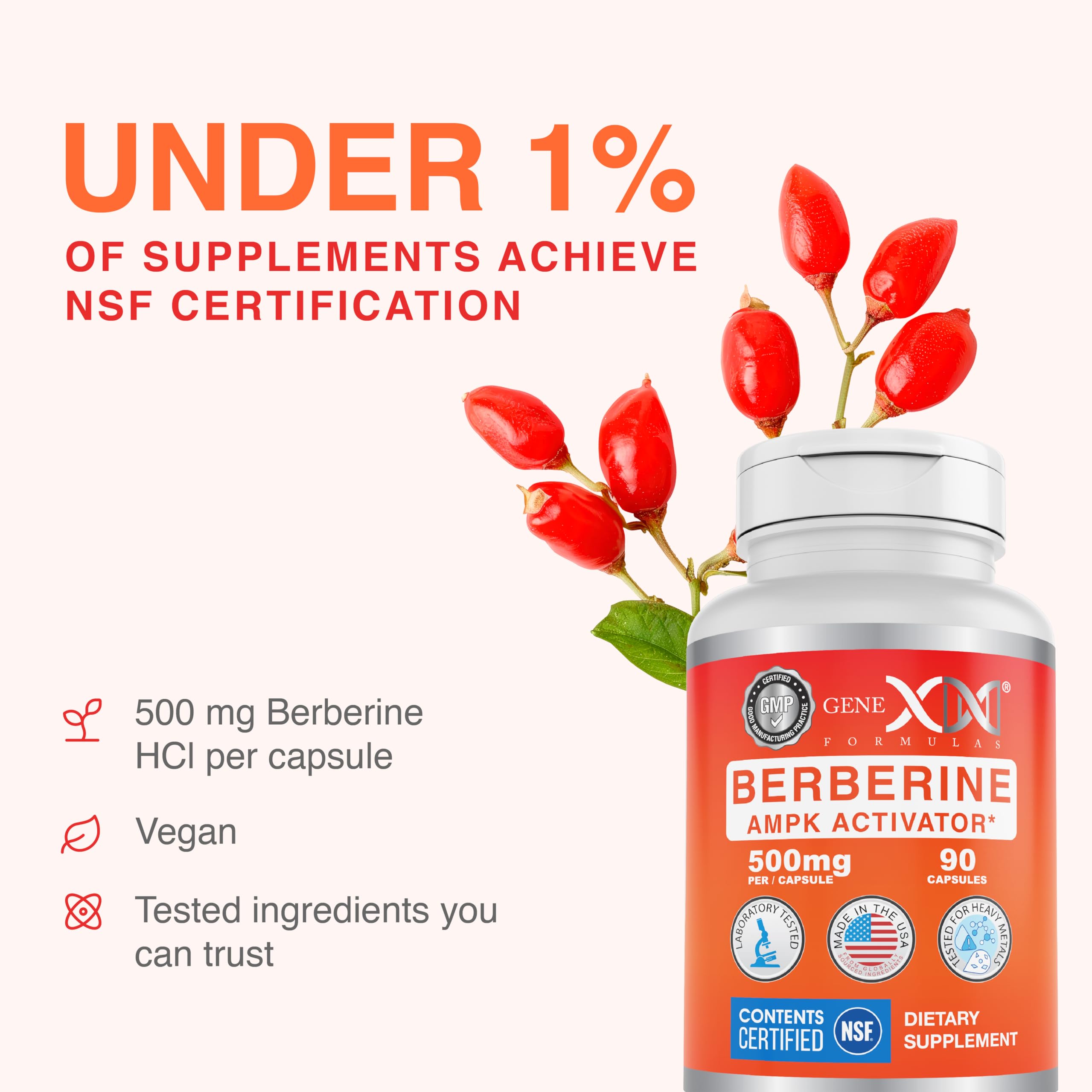 Genex Berberine HCl 500mg packaging with NSF certification label.
